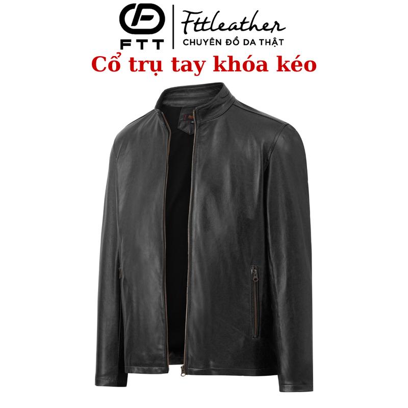 Áo da cừu nam Fttleather cổ trụ jacket trơn tay khoá dáng suông màu Vàng Bò đen Menswear AD213C