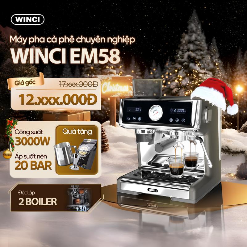  Máy Pha Cà Phê Espresso Winci EM58    Giá đã bao gồm VAT   Pha Chế tự động Tay Cầm 58mm Công suất 3000 W Áp suất 20 Bar 2 Boiler Tặng 1 tamper inox ,1 gói cà phê robusta 250 Gr 1 ca inox Máy Xay Cà Phê Xay Cà Phê combo 