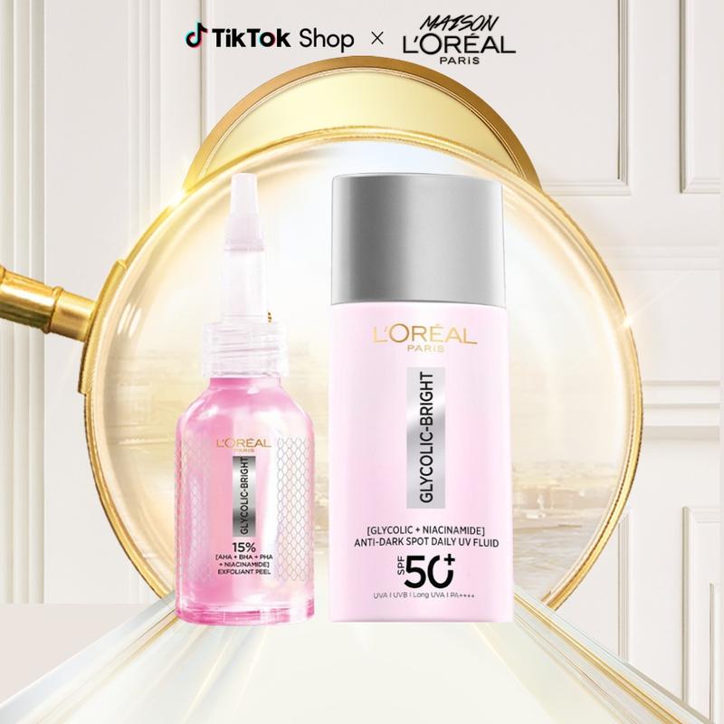   KOL2-VB  Bộ dưỡng chất peel làm sạch tế bào da 25ml & Sữa chống nắng dưỡng sáng mờ thâm Glycolic bright Loreal Paris 50ml 