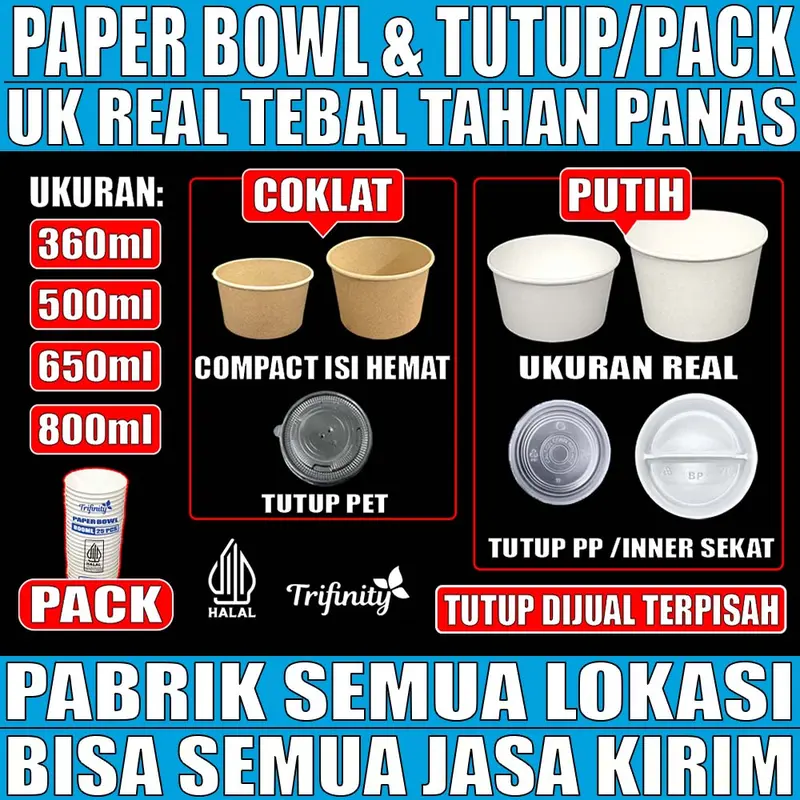 Trifinity Paper Bowl HALAL Tebal 13gr Aman Bocor Uk Real 360ml 500ml 650ml 800ml Mangkok Kertas Ivory Putih Kraft Coklat JSP