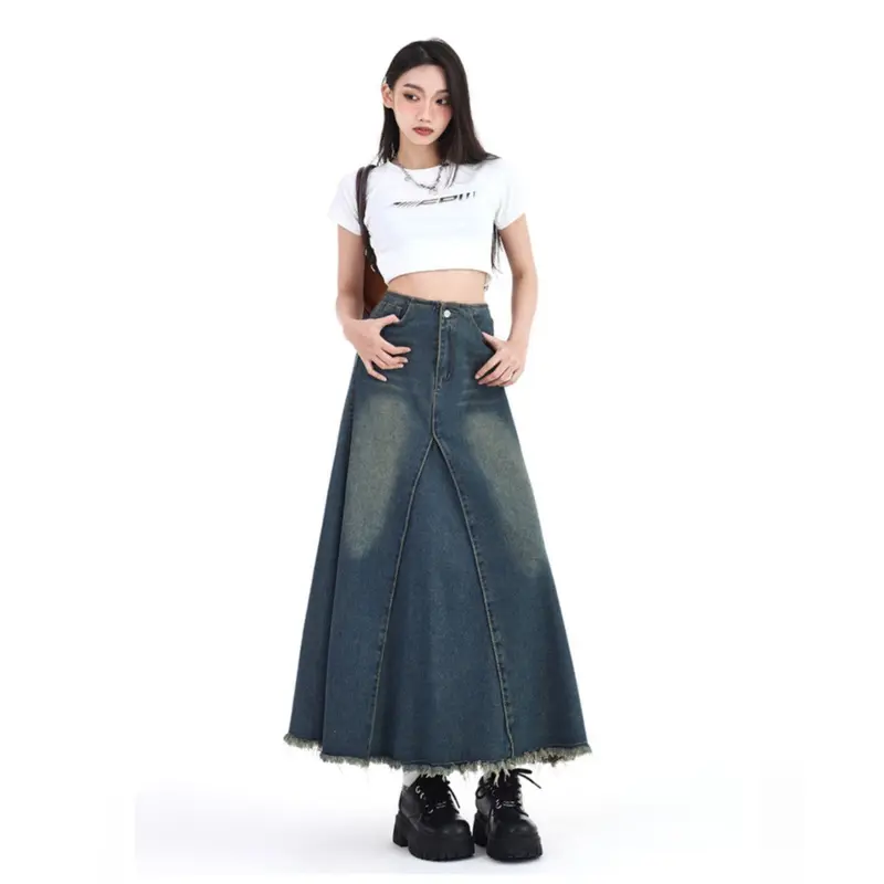 Pg Jeans - Rok Denim Vintage Retro Wanita Rok Jeans Panjang High Waist A-Line Cewek Bahan Tebal Tahan Lama Kancing Depan & Karet Belakang Variasi Rampel di Depan 5