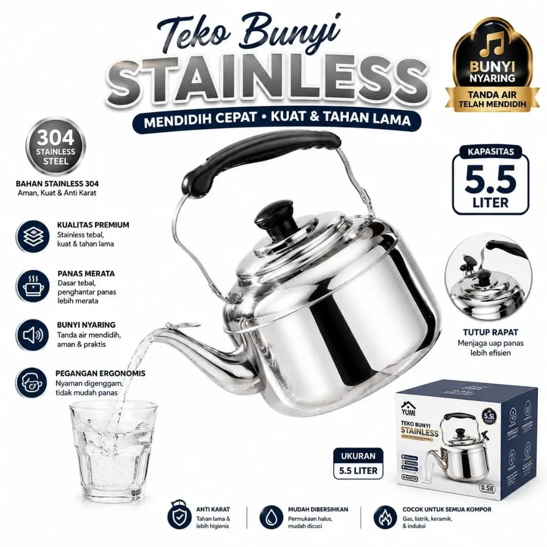 Teko Stainless Bunyi Siul Anti Karat Cerek Stainless Pegangan Anti Panas Teko Air