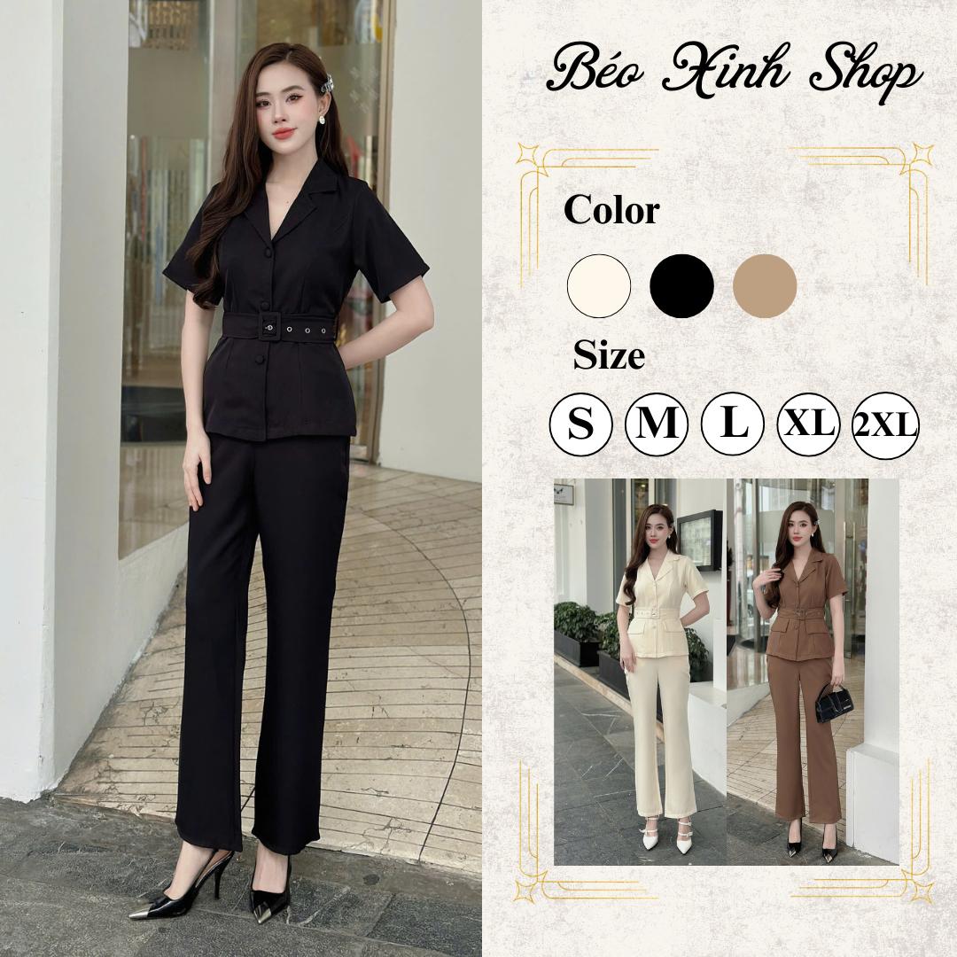 Set Quần Áo Cổ Vest Phối Đai Eo Sang Trọng Vải Cotton Lạnh Thanh Lịch Cho Các Nàng 40 - 95Kg Nữ Top Women Xoè Béo Xinh Shop - A.1463