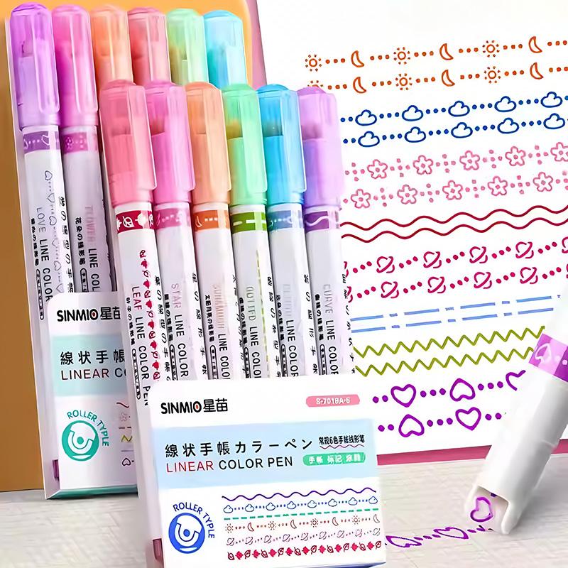 6Pcs/Box Colorful Roller Pattern Pens for Creative Journal Students ...