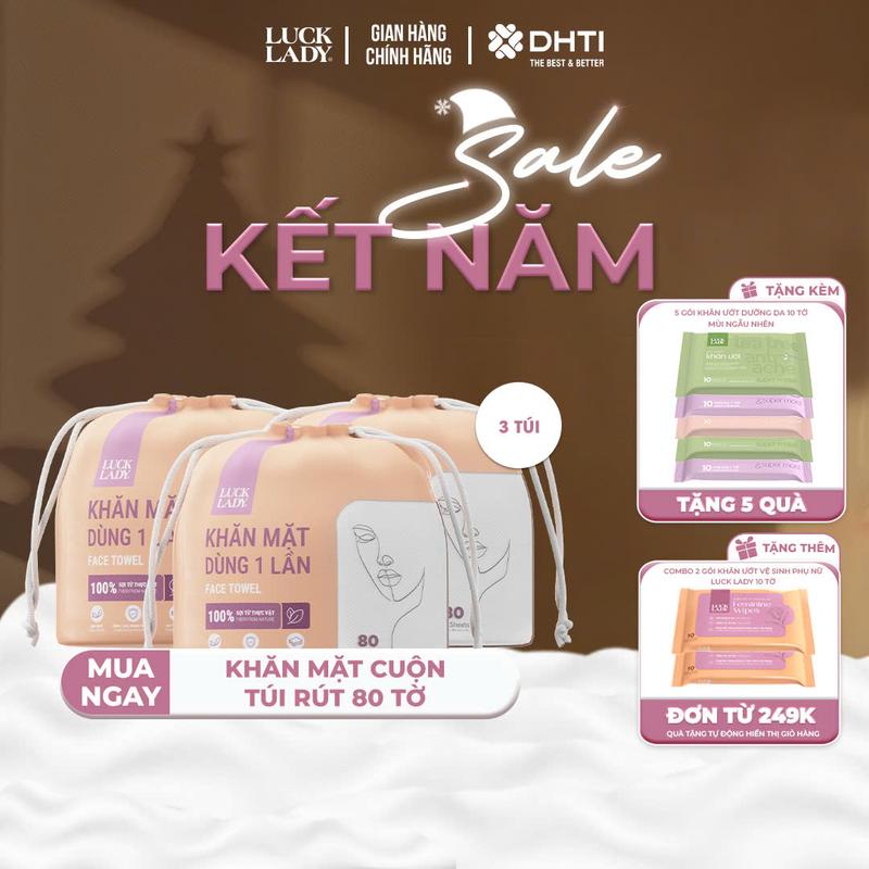 Khăn giấy khăn mặt dùng một lần Luck Lady 80 tờ túi rút tròn kháng khuẩn bảo vệ làn da phụ nữ hương tự nhiên