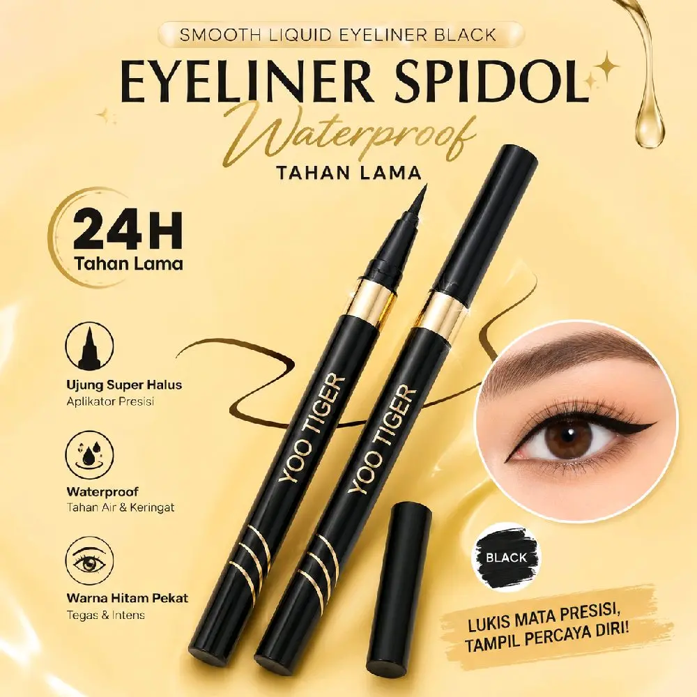 Yoo Tiger Smooth Liquid Eyeliner Black Spidol Waterproof Tahan Lama 24H Ujung Super Halus Warna Hitam Pekat