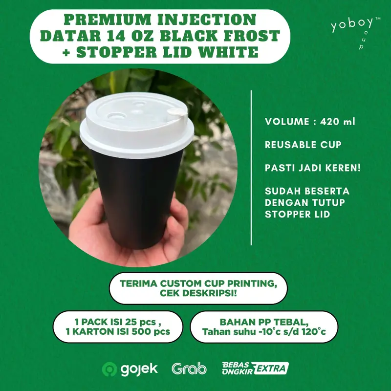CUP PREMIUM INJECTION 14 oz HITAM FROST DOFF + Tutup STOPPER LID Bening/putih/hitam POLOSAN ISI 50PACK 2