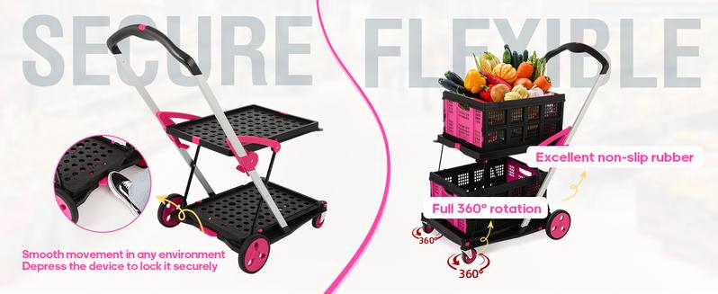 Product Introduction of Foldable Utility Cart with Wheels,2 Layers Multifunctional Folding Cart for Cosmetic Organizer,Grocery,Office,Warehouse,Garden, Double Layers Foldable Shopping Cart,Folding Trolley for Luggage Heavy Duty(Blue/RED/PINK/Purple) 6