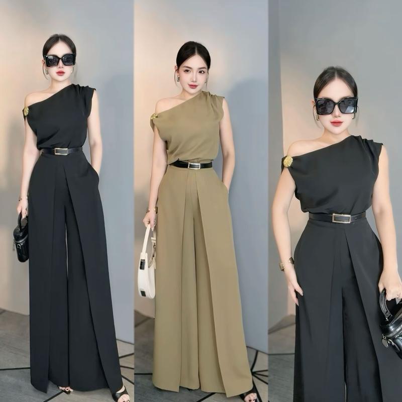 Bộ áo lệch vai + quần xẻ không kèm dây nịt - dành cho nữ đi công sở dự lịch dạo phố
