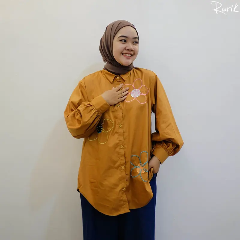 Rurik Flower Embroidery Shirt Kemeja Oversize  atasan  wanita Baju Muslim Nyaman Panjang Airflow 7