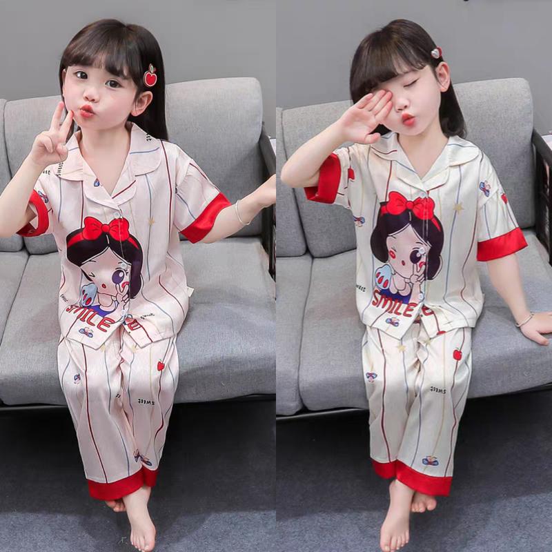 MẸ BING N07- [10-25kg] Bộ đồ ngủ lụa mịn cho bé gái, tay ngắn với những hoạ tiếc xiu đáng yêu, chất mềm mịn mát thích hợp cho mùa hè, bé mặt nhà đi dạo phố. có thể giặt máy Voi