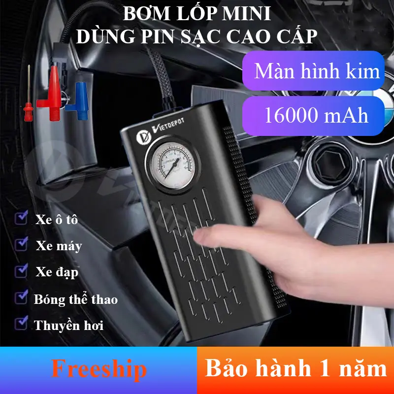 Máy bơm lốp mini cầm tay dùng pin sạc cao cấp Viet Depot, đa chức năng, thiết kế nhỏ gọn, theo dõi áp suất lốp, tự ngắt khi bơm đầy. Bơm lốp xe ô tô, Bơm hơi xe  ô tô, Bơm hơi dùng pin, Bơm hơi nén khí, Bơm xe đạp, Bơm xe máy, Bơm xe điện, Bơm bong bóng 3