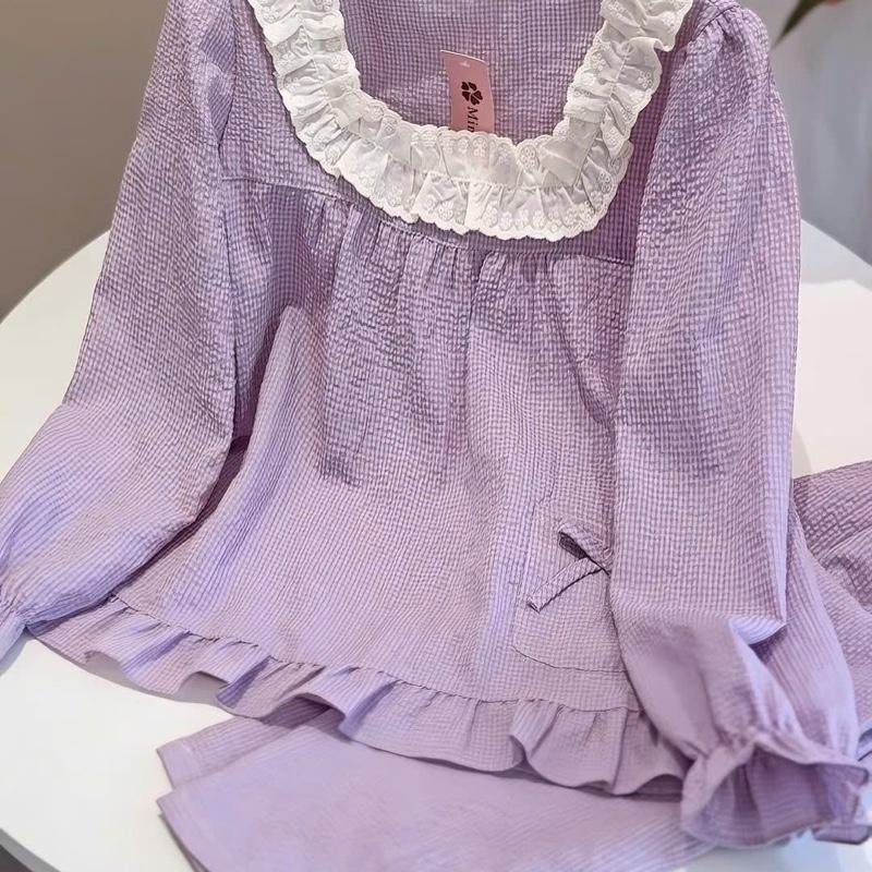 Bộ mặc nhà tay dài, cổ phối bèo xinh xắn kẻ sọc cho nữ - Women, Quần Ngủ