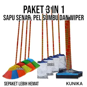 paket sapu 3 in 1 sapu senar pel & wiper  @1 Buah Plus Gagang Plastik pelan  dan sapu dan pel