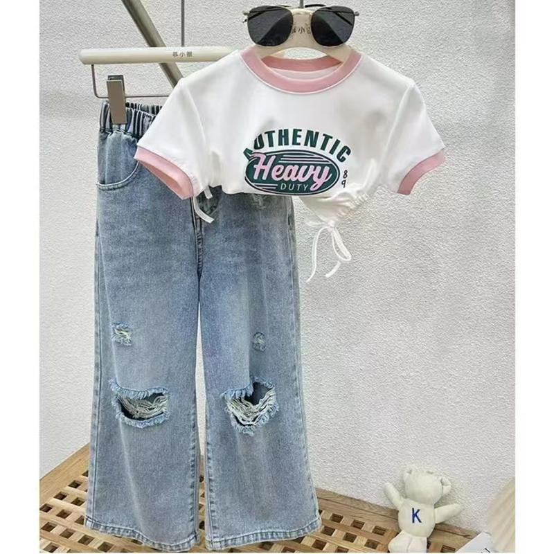 OOTD Korea Style Setelan Jeans Anak Perempuan Atasan Croptop Motif Lucu+Celana Jeans Panjang Sobek Kulot Baju Impor Anak Perempuan Setalan Anak Perempuan 0