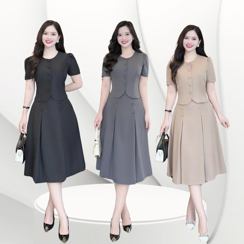 Set váy nữ thiết kế Nhật Vy áo cổ tròn kèm chân  dài chất lụa bigsize dự tiệc công sở văn phòng màu đen nâu xám kem xanh - DA3248
