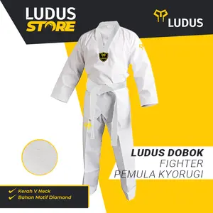 [FREE BELT] Ludus Dobok Kyorugi Pemula Kerah Putih Fighter Seragam Taekwondo - V Neck