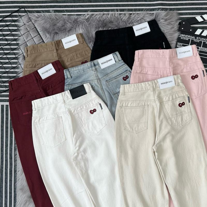 (XẢ KHO) (CÓ FORM NẤM LÙN) Quần Jean Nữ Ống Rộng Vải Mềm Thêu Nơ Kèm Chữ "SUMMER VIBE"