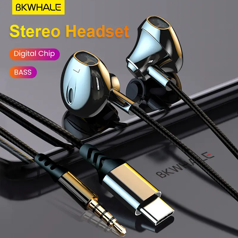 BKWHALE TP33 Earphones 3.5mm Type C In Ear Headset with Mic Volume Surround Sound For Samsung OPPO