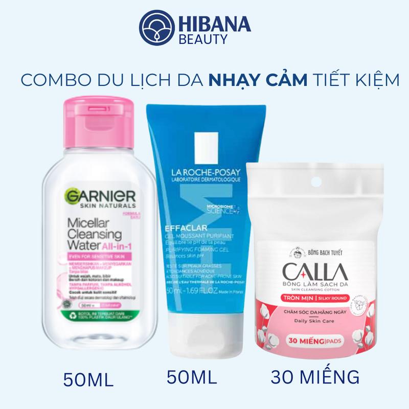 Combo Du Lịch Tiết Kiệm Tẩy Trang GARNIER 50ml + SRM LAROCHE POSAY 50ml + Bông Tẩy Trang Mini 30 miếng
