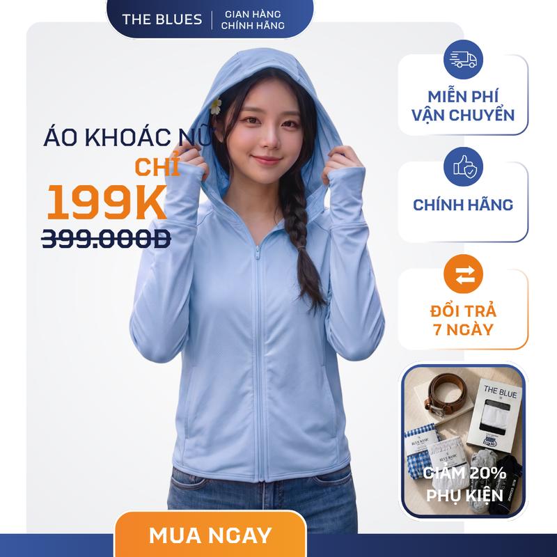 Áo Khoác Chống Nắng Nữ Có Mũ Khóa Kéo Mỏng Nhẹ Chống Tia UV The Blues