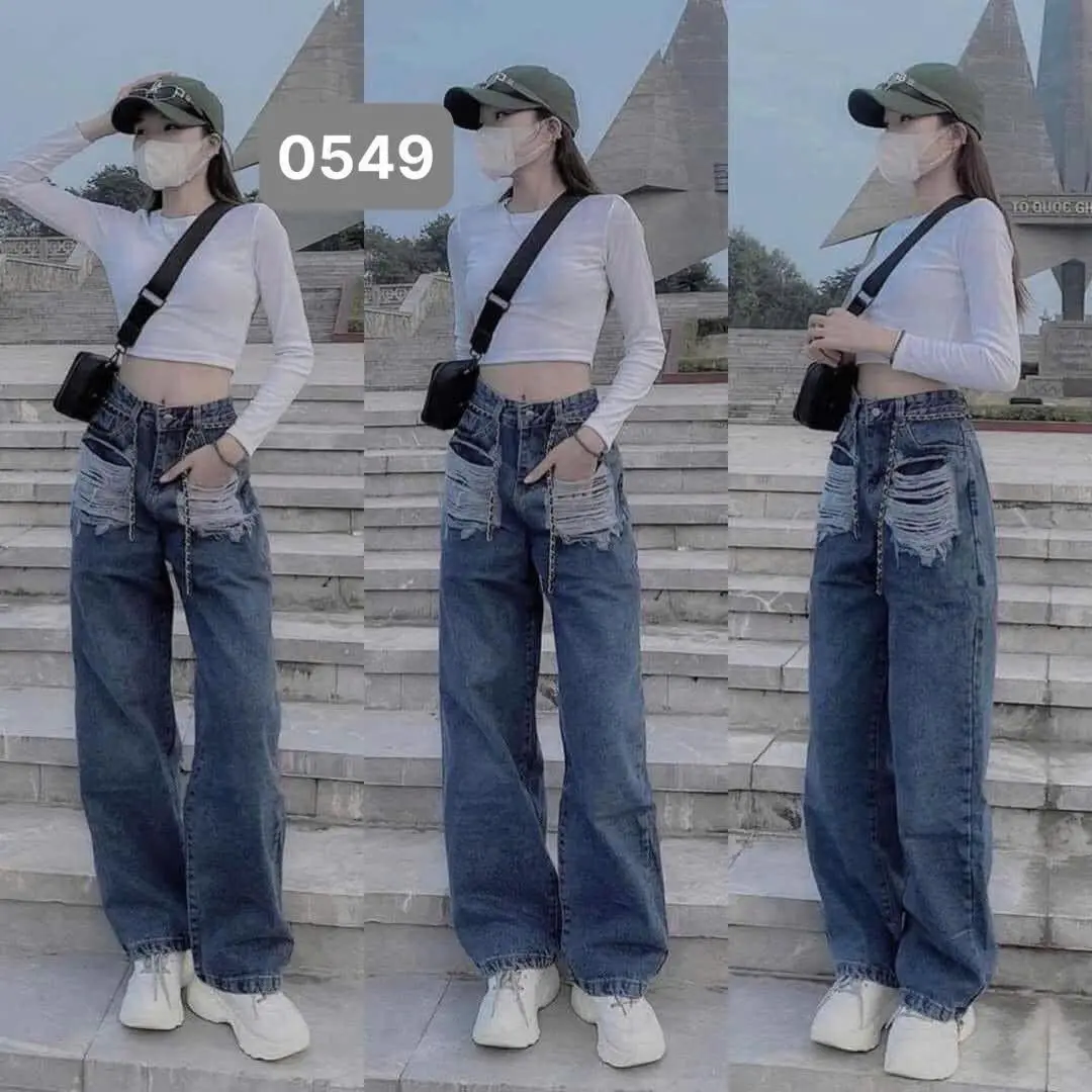 Quần jeans Suông Nữ Cạp Siêu Cao Có Túi Thời Trang Phong Cách Dày Dặn Mềm Mại
