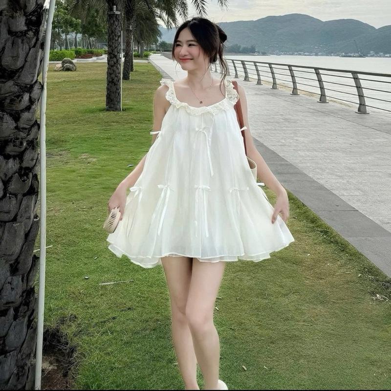 Bigsize Đầm 2 dây babydoll đính nơ vải tơ mềm ko ngứa + kèm lót quần 55-90kg