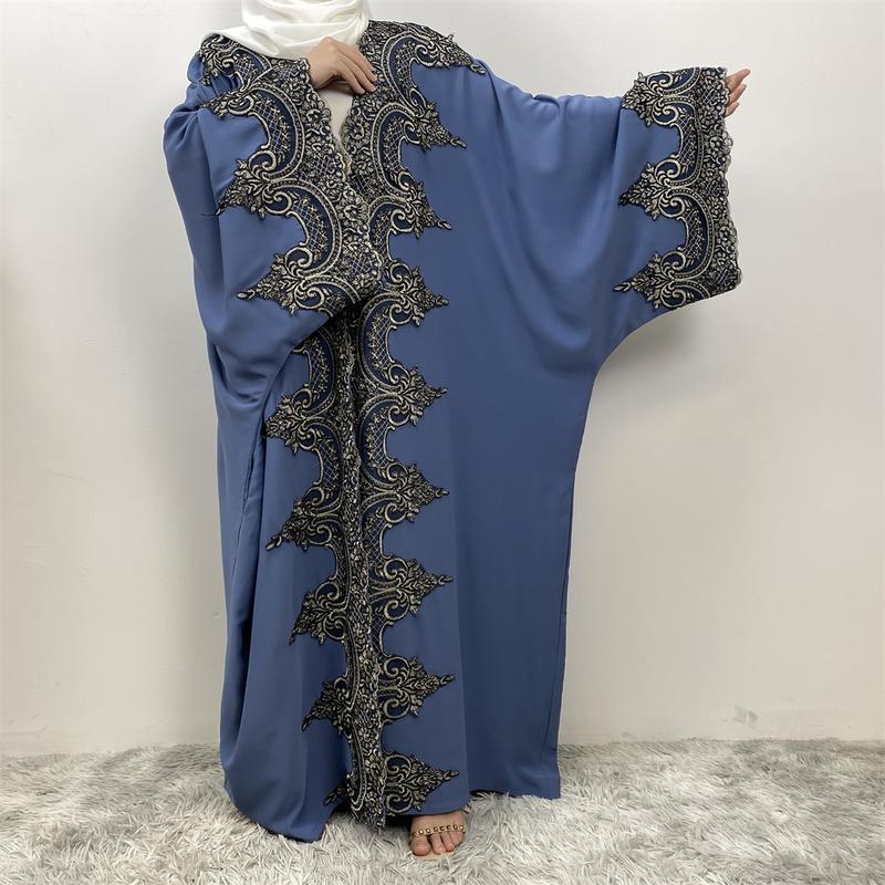 Product Introduction of 1417#  Modern Dubai Embroidery Big Cuff Nida Batwing Sleeve Modest Fashion Butterfly Abaya 11