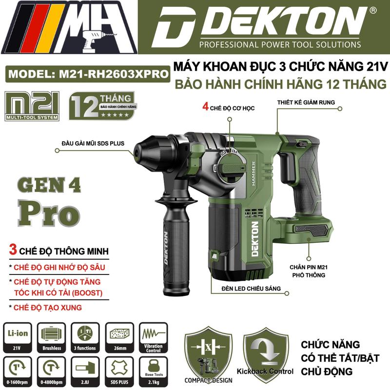  Máy Khoan Bê Tông Pin Dekton M21-RH2603PRO Động Cơ KHông Chổi Than Bảo hành Chính Hãng 12 Tháng 