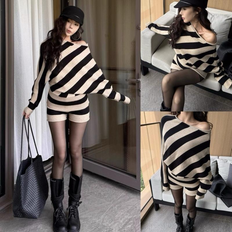 Hàng QCCC L1 Order 7- 10 Ngày Set Len Vằn Sọc Trễ Vai Áo Dài Tay Fom Rộng Kèm Quần Ôm Body Cá Tính Dành Cho Nữ By DiepGZ30825