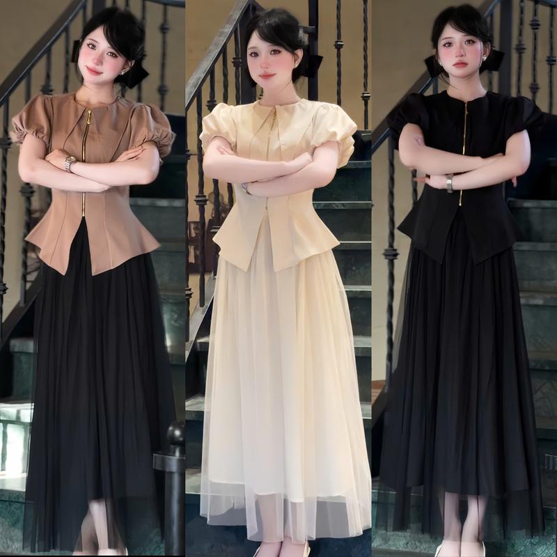 MJ31 Bộ Áo Vạt Bèo Khóa Kéo Trước (áo form nhỏ nên tăng size) và Chân Váy Lưới xòe tiểu thư thiết kế 2 lớp vayxinh boxinh thoitrangnu congso