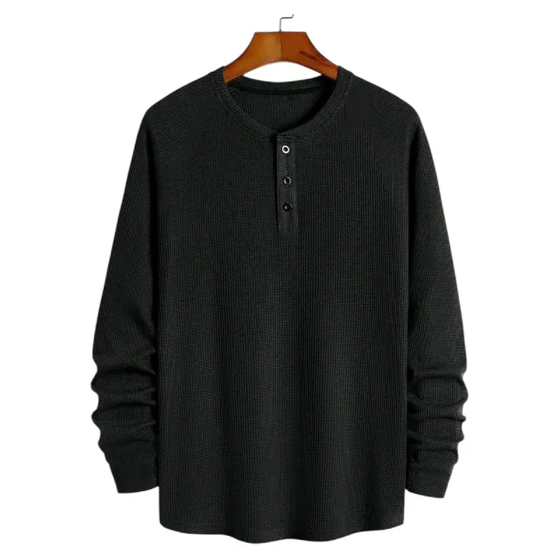KAUS KANCING WAFFLE LENGAN PANJANG PRIA MODEREN TERBARU Baju Hitam 2