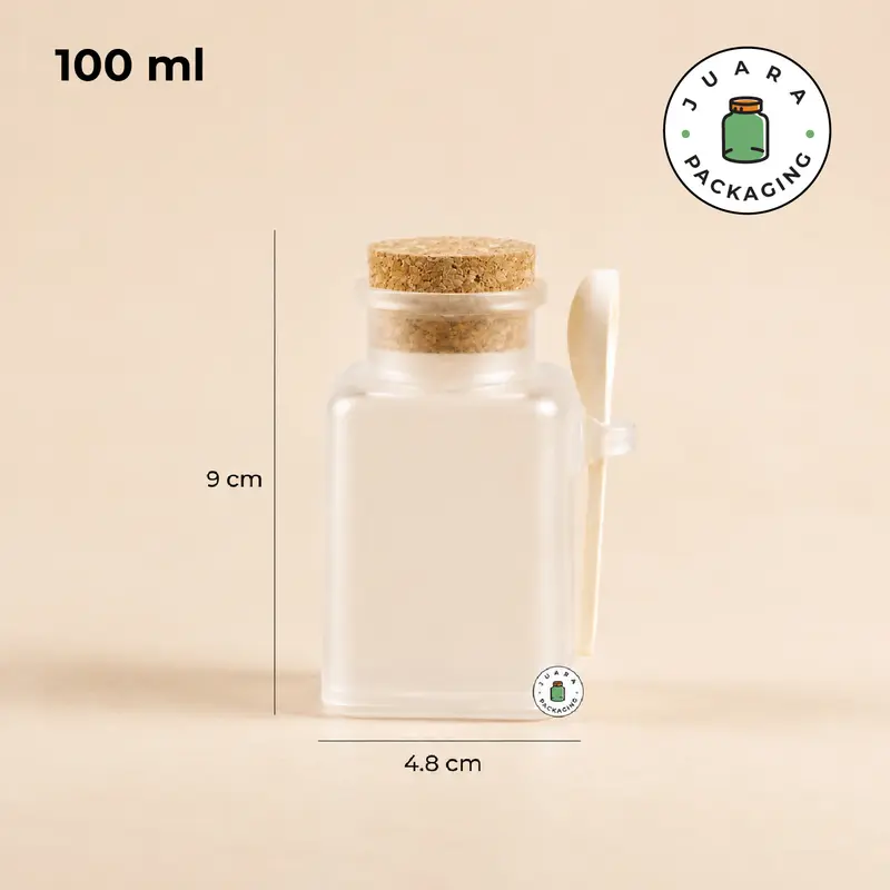 Botol Acrylic Kotak 100ml 200ml dengan Tutup Gabus & Sendok Kayu – Botol Plastik Buram Estetik untuk Lulur, Masker, Body Scrub, Makanan, Kemasan Spa & Hampers