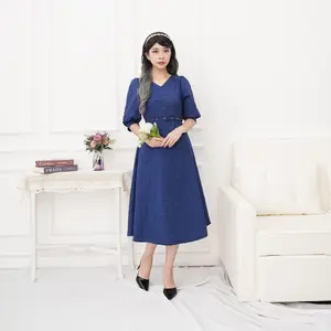 Emma.Butik E00004 Midi Dress Wanita Kondangan Casual Elegan Emboss Bunga Formal Pesta Simple Gaun Cantik