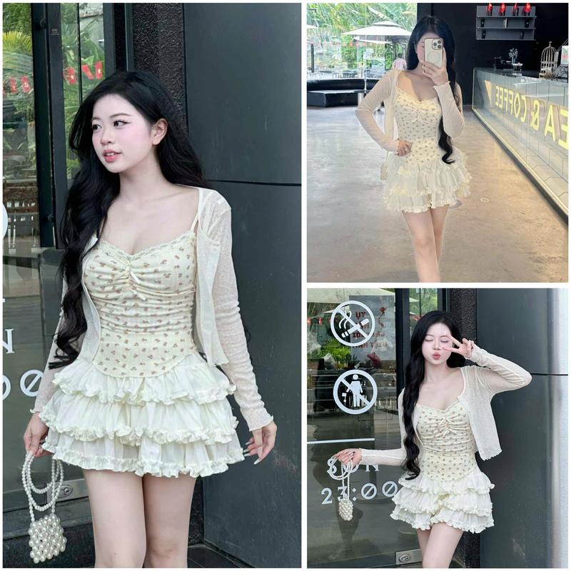  Sét Váy Áo 2 dây Thun Hoạ tiết Hoa NHí Mix Áo Khoác Len Giấy Kèm Chân Váy Tầng Xoè mix Viền Bèo Dễ Thương 