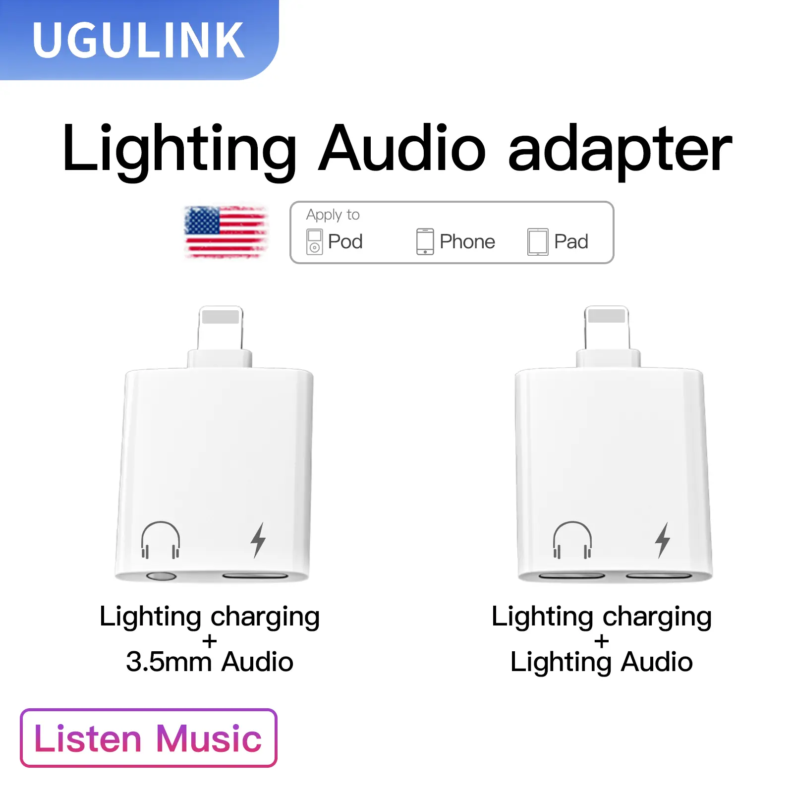Bộ Chuyển Đổi sạc UGULINK, Thích hợp cho tai nghe Apple với bộ chuyển đổi sạc 2 trong 1, mở rộng đa chức năng để sạc, nghe, điều khiển có dây và bộ chuyển đổi âm thanh