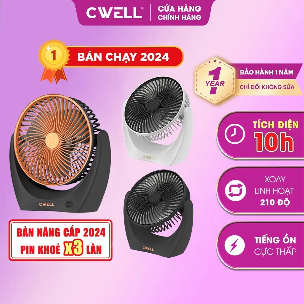 [MUA 3 GIẢM 20%] Quạt tích điện mini CWELL pin tới 10H, với 2-3 tốc độ gió mát, xoay linh hoạt 210 độ không tiếng ồn, để bàn văn phòng, mang đi chơi du lịch tiện dụng, sạc USB  - TẶNG DÂY SẠC - C201F