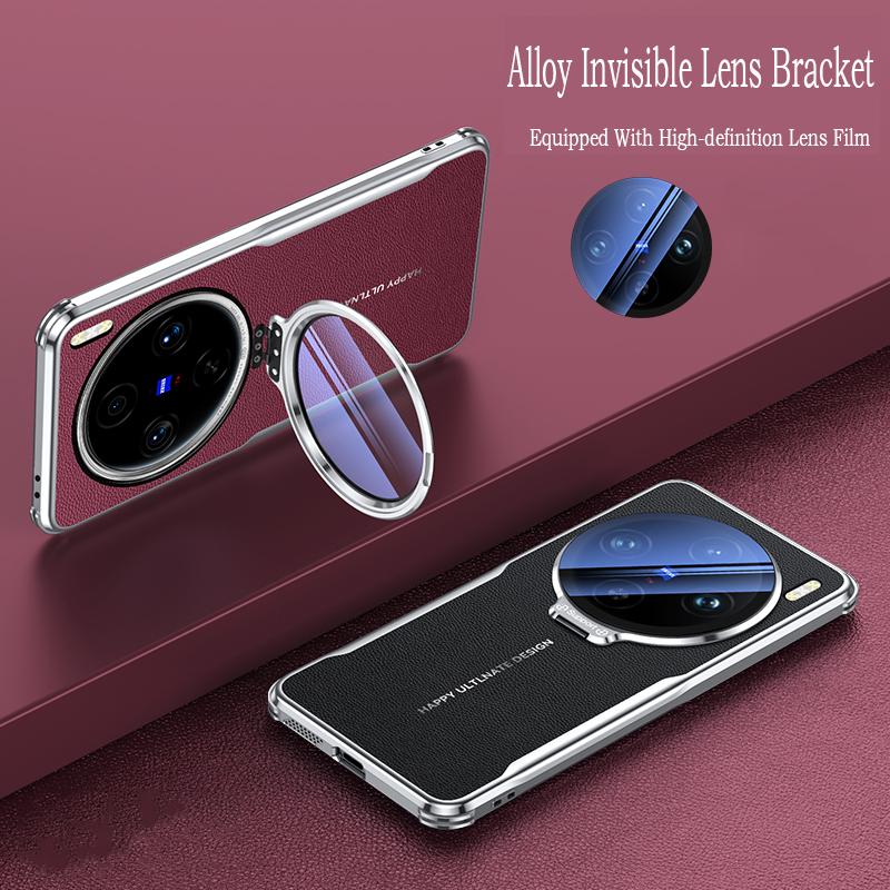 Ốp Điện Thoại Da Thuần Chay Có Giá Đỡ Vô Hình Bằng Kim Loại Thích Hợp Cho Vivo X100 X100 Pro X100 Ultra Vivo X100s X100s Pro Cạnh Mềm TPU Chống Sốc Chống Sốc Bao Phủ Toàn Bộ Camera Ốp Lưng Bảo Vệ