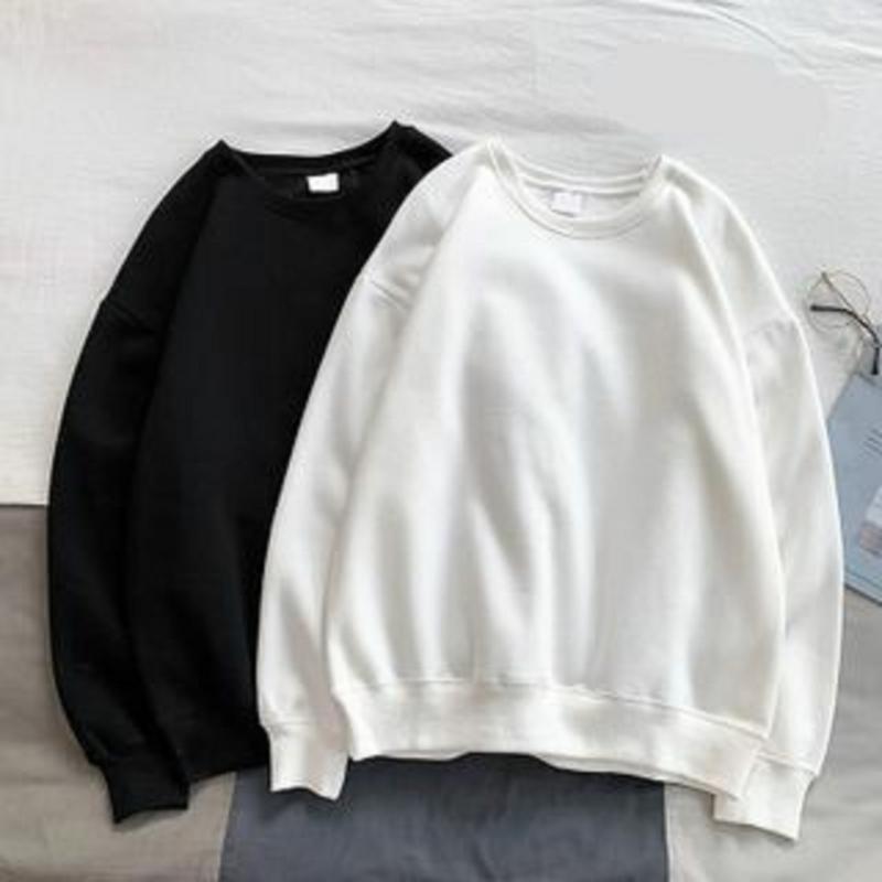 Sweater Crewneck Polos Hitam Putih • Outwear Size M L XL Pria Wanita | Black Edition Trendy Casual Hoodie Sweatshirt Cardigan Cewek Cowok fleece baju sedang motif polos lengan panjang Katun Polka Dot Hoodie/Jumper Korean Hoodies & Sweaters 1