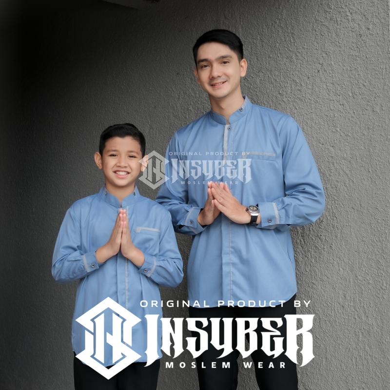 Baju Koko Couple Ayah dan Anak Laki-laki Lengan Panjang Bahan Toyobo Fodu Warna Denim Terbaru 2025 , Muslim 1