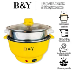 Panci Listrik Multifungsi Anti Lengket B&Y 22cm dengan Kukusan Gratis - 2 Tingkat Panci, 360 Derajat Pemanasan, Teflon