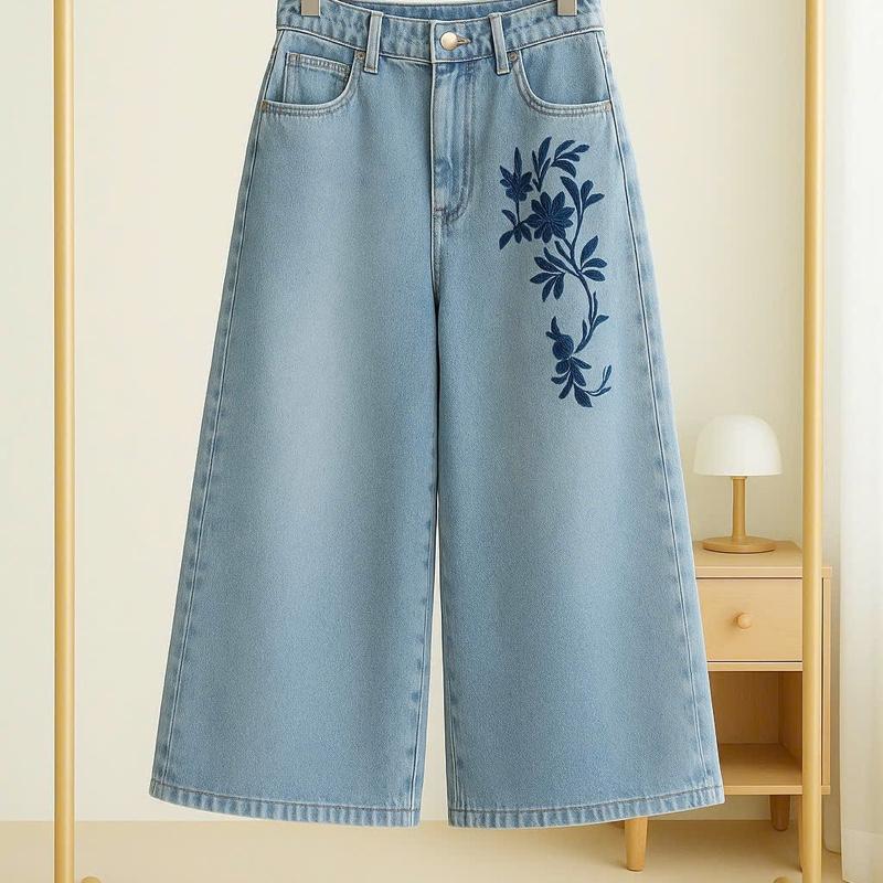 Quần Lửng Nữ CCHAT Dáng Suông Thêu Họa Tiết Chất Jeans 15GNJ9001ST