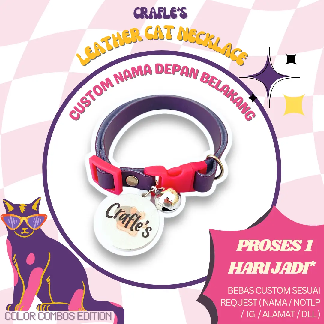 [CUSTOM NAMA DEPAN BELAKANG + FREE LONCENG] CRAFLE'S LEATHER CAT NECKLACE COLOR COMBOS EDITION / KALUNG KUCING KULIT SINTETIS RETRO LONCENG CUSTOM NAMA NO TELEPON ALAMAT