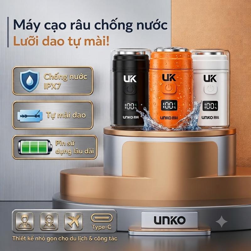 Máy cạo râu UNKO mini nhỏ gọn lưỡi dao 3 vòng tự mài, chống kẹt râu có màn hình…