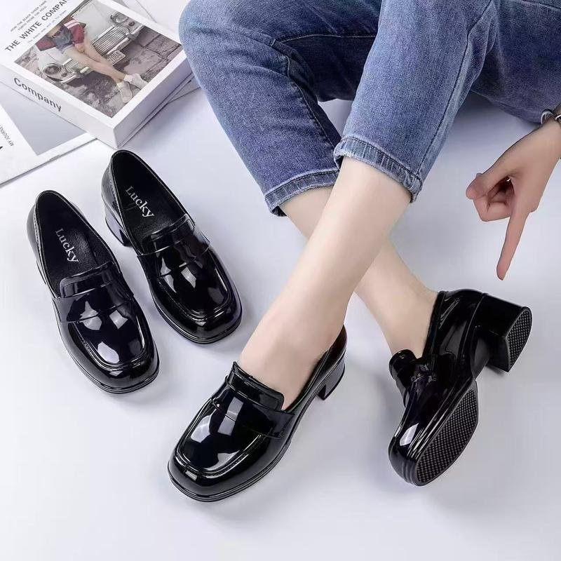   Tăng 1 size  Giày lười nữ dáng cổ điển chất PU bóng không thấm nước gót vuông công sở cao 4cm BTdep 