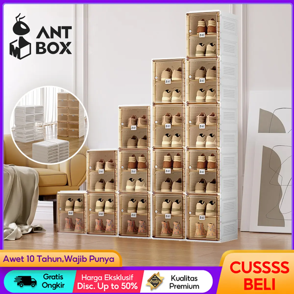 【ANTBOX】Rak Sepatu Cowok Cewek 2 - 10 pasang Tingkat Transparan Two Colour bahan Akrilik Tebal dan Serbaguna Anti Debu/Storage Penyimpanan Sepatu Estetik - Muat Banyak - Mudah Dibongkar Pasang Display Shoes Organizer Box Sepatu Susun Jumbo Vertikal
