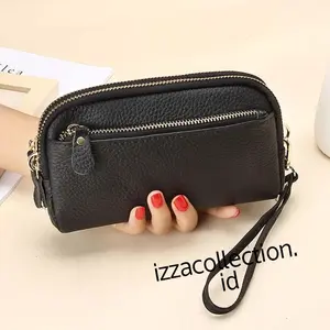 Dompet Wanita KOREAN STYLE 3 Ruang Tempat Hp dan Uang Kekinian muat Handphone 7inch pouch kosmetik make-up cewek Kulit PU Hitam Pink Cokelat