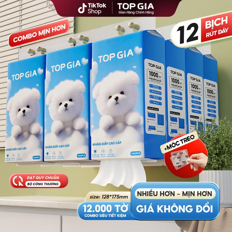 SALE - COMBO 12 BỊCH Thùng 12 bịch Khăn Giấy Rút Đáy GIA GIA TOPGIA 4 lớp mềm mịn 1000 tờ bịch làm từ bột gỗ tự nhiên an toàn ĐẠT QUY CHUẨN BỘ CÔNG THƯƠNG tặng kèm 6 móc treo tiện lợi vtg68 #topgia #giayrut #giaytopgia