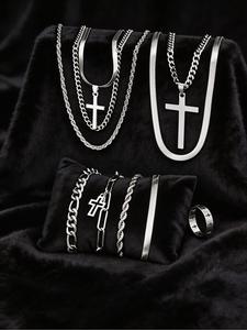 Set de Joyería para Hombre en Acero Inoxidable, Estilo Casual con Pulsera de Cuero, Collar y Aretes, Regalo para Todas las Estaciones, Sin Caja Incluida