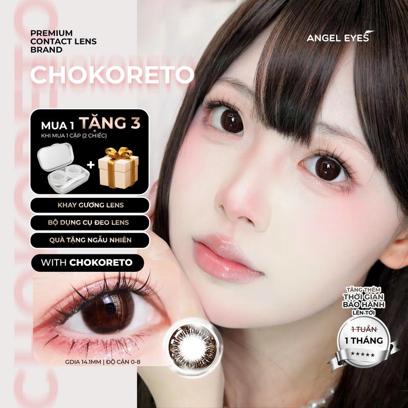 Kính giãn tròng màu nâu choco Chokoreto hiệu Angel Eyes có độ 0-8 - Lens giãn tròng nâu choco giãn tròng to 14.5mm cho mắt baby thích hợp đi làm đi học